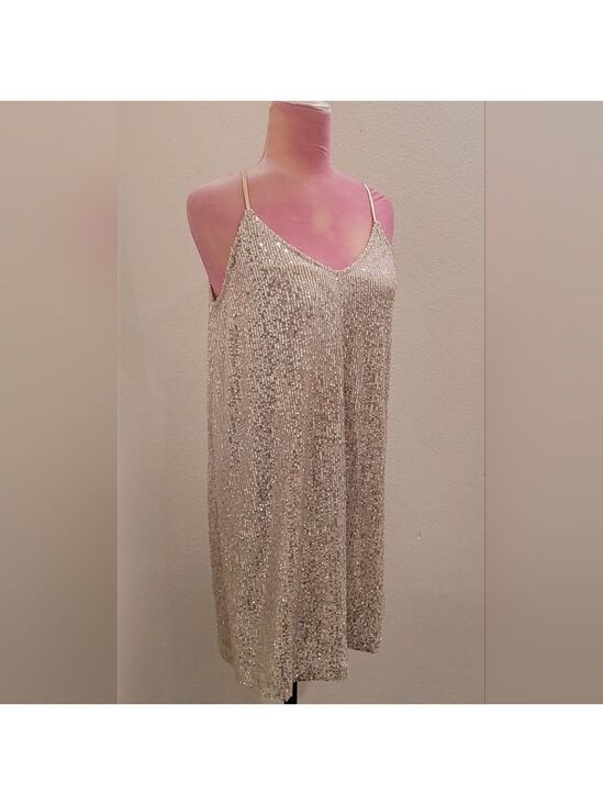 Millibon Dresses & Skirts - Millibon Silver Sequin Mini Dress Spaghetti Strap V-Neck Sz Large